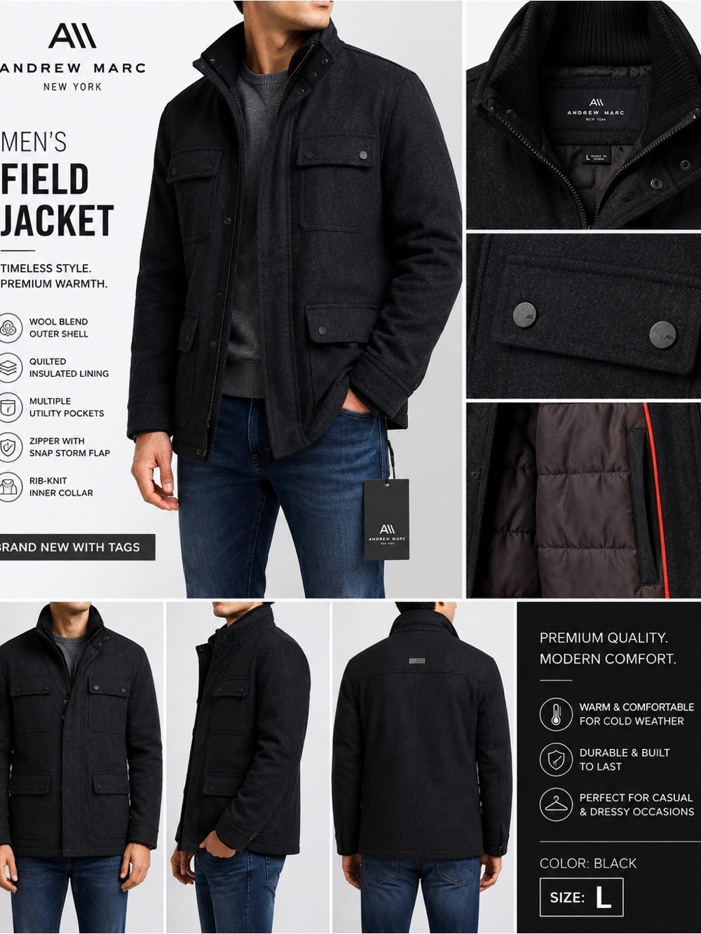 Andrew Marc Black Wool-Blend Field Jacket